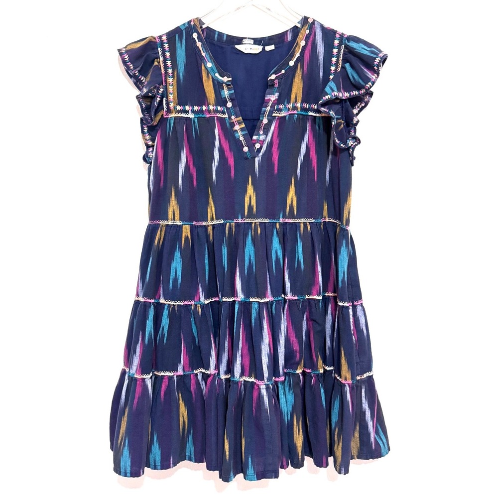 Roller Rabbit Navy Ikat Michi Tiered Mini Dress with Flutter Sleeves - Picture 2 of 5